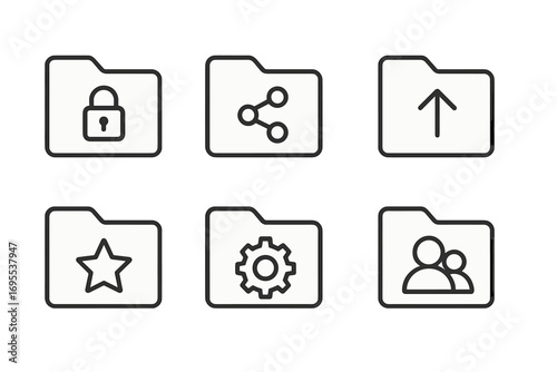 Minimalist folder icons set with security lock, sharing network, upload arrow, favorites star, settings gear, and team user symbols, clean vector cartoon illustration, transparent background