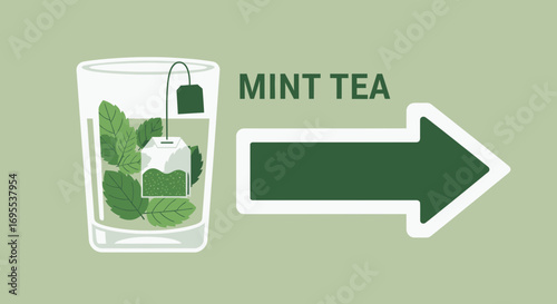 Refreshing Mint Tea Illustration with Arrow Showing the Direction and Health Benefits