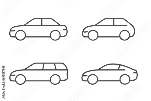 Set of car icons in thin line style. Different car body types: sedan, hatchback, station wagon, coupe. Vector illustration of transport symbols. Minimalist vehicle outlines.