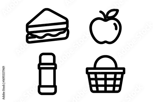Bold linear picnic icons set with sandwich, apple, thermos, and basket, vector cartoon illustration, minimal food and outdoor essentials collection, transparent background