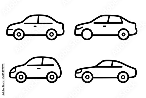 Car icon set vector line art. Minimalist outline illustration of different automobiles. Vehicle profiles including sedan, coupe, and hatchback for transport or traffic concepts.