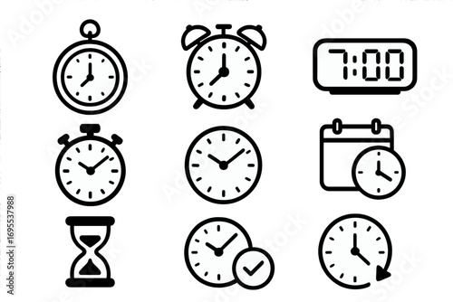 Various Clock Icons Collection Showing Different Timekeeping Devices and Functions in Minimalist Style, Vector Cartoon Illustration with Transparent Background