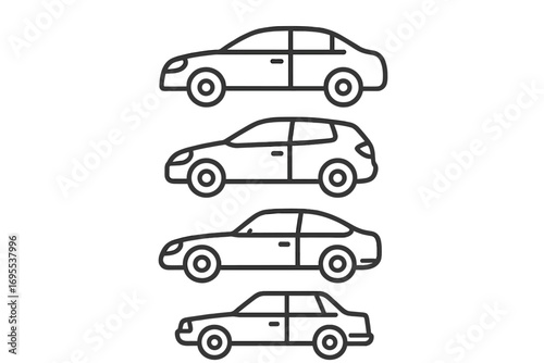 Car line icon set. Collection of simple automobile outlines. Vehicle side view profile. Transport symbols for web and app. Minimalist vector illustration of different cars.