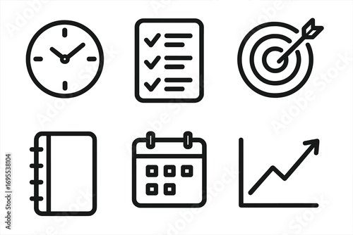 Minimalist icon set featuring clock, checklist, target with arrow, notebook, calendar, and upward growth arrow vector illustration, business productivity symbols, planning and success concepts