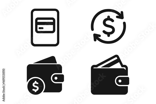 Minimalist black icons for digital transactions, e-wallets, credit cards, money wallet with dollar sign coin vector cartoon illustration, transparent background, financial set