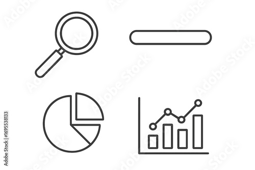 Data analytics and business intelligence line icon set. Editable stroke. Search, progress bar, pie chart, and graph symbols for statistics, reports, and data visualization.