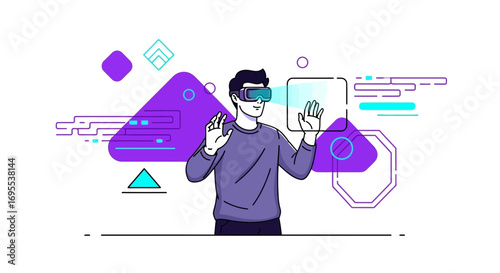 Immersive Reality Experience: Man in Futuristic Goggles Interacting With Augmented Interface