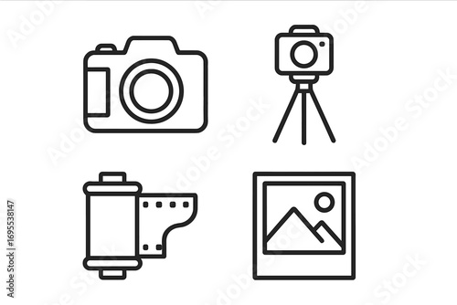 Linear photography icons set with camera, tripod, film roll, and photo frame, vector cartoon illustration, transparent background, ordered collection, photography equipment symbols