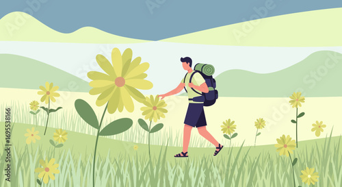 A man hiking in a field of flowers with a backpack, enjoying nature and fresh air