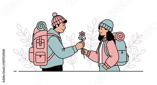 A man giving a flower to a woman during hiking, a romantic outdoors scene