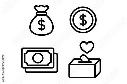 Simple finance and donation icons, minimal design for applications and websites, vector cartoon illustration set with transparent background, money bag, coin, cash, donation box with heart symbol