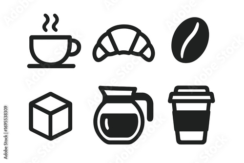 Minimalist coffee icons set featuring hot coffee cup, croissant pastry, coffee bean, sugar cube, coffee pot, takeaway cup vector cartoon illustration with transparent background