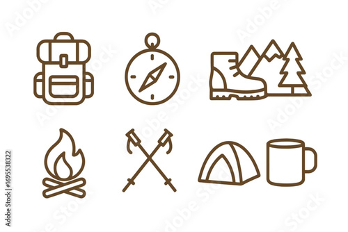 Minimalist hiking and camping icons set with backpack, compass, hiking boots, campfire, trekking poles, tent, and mug. Outdoor adventure vector line art collection for travel and nature lovers