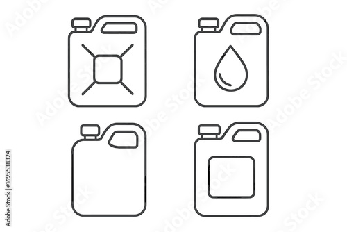 Jerry can outline icon set for fuel, water, and liquid storage. Minimalist line art vector of petrol, diesel, and gasoline canisters. Gallon jug container symbols for industry.