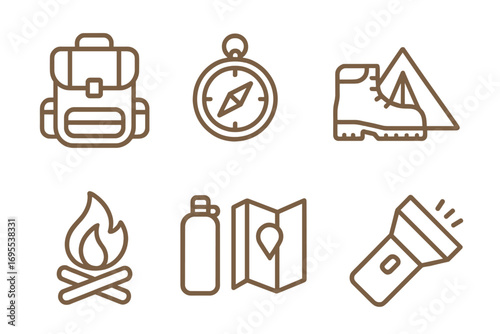 Minimalist hiking and camping icons set with backpack, compass, boots, campfire, water bottle, map, and flashlight. Vector line art illustration for outdoor adventure and travel gear.