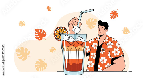 Refreshing Summer Beverage Illustration Showcasing Iced Drinks And Floral Shirt Design