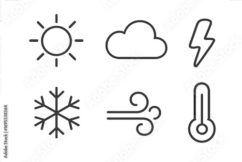 Simple linear weather icons set with sun, cloud, snowflake, lightning bolt, wind swirl, and thermometer symbols, vector cartoon illustration with transparent background, minimal design