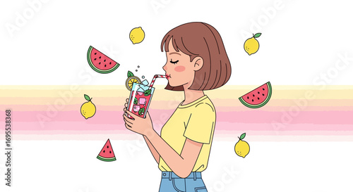 Refreshing Summer Drink: Blissful Woman Enjoying Watermelon and Lemonade in Sunlight