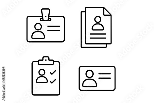 Employee line icon set with ID card, badge, resume and clipboard. Minimalist vector pictograms for personal data, profile, and HR concepts. Editable stroke for UI/UX design.
