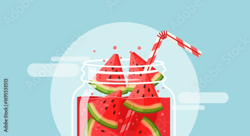 Refreshing Summer Watermelon Drink Served in a Glass Jar with a Striped Straw