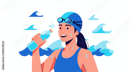 Refreshing Swimmer Hydrating with Water, Enjoying Clean Water and the Beach