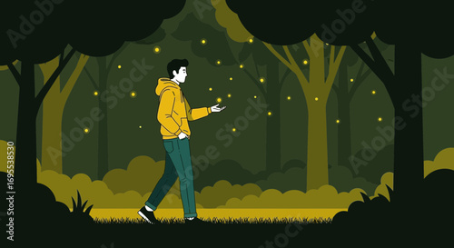 A man walks through the forest with fireflies in a whimsical illustration style