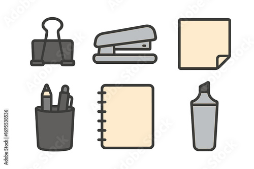 Minimalist office supply set icons with stapler, binder clip, sticky notes, pen holder, notebook, and highlighter. Vector cartoon illustration for business and stationery design.