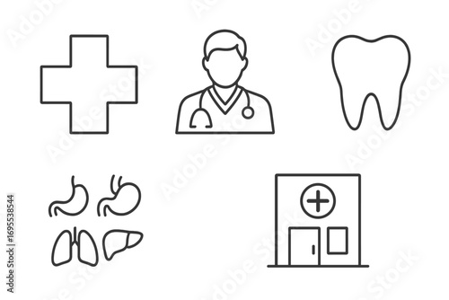 Medical line icon set with doctor, clinic, tooth, internal organs. Health care pictograms for web and app design. Editable stroke vector linear symbols collection.