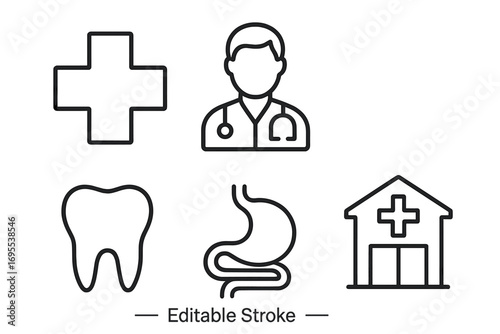 Medical and healthcare line icon set with doctor, hospital, tooth, and stomach symbols. Minimalistic pictograms for web and app design. Editable stroke vector illustration.