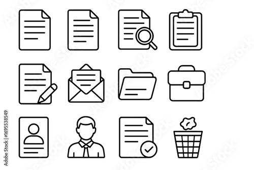 Office line icon set. Business and work symbols. Document, file, folder, mail, resume, cv, portfolio, contract, HR. Thin line vector illustration for web and apps design.