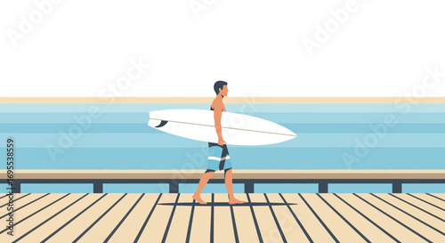 A man walks on a pier carrying a surfboard ready to enjoy the sea waves