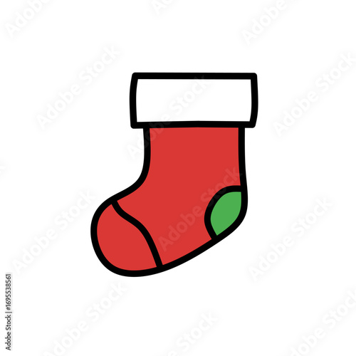 Christmas Stocking, A red stocking with a white top and green heel, usually hung for gifts.
