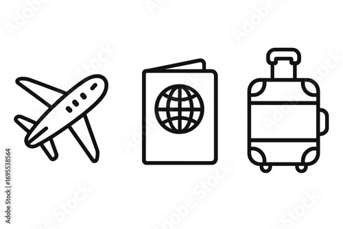 Simple travel icons set featuring airplane, passport, and suitcase in modern linear style, vector cartoon illustration, transparent background, travel essentials collection