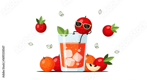 Refreshing Summertime Drink with Relaxing Fruit Character in Cool Sunglasses