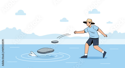 A man wearing a hat throwing stones into the water illustrating a leisure activity