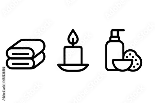 Minimalist spa icons set with towel, candle, bath supplies, vector cartoon illustration, transparent background, ordered collection of wellness and relaxation symbols