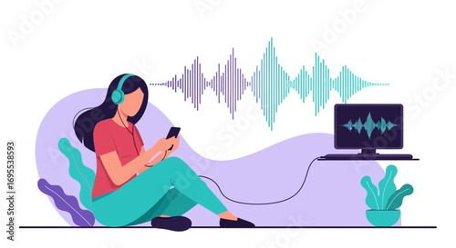 Listening Enthusiast Immersed in Digital Audio Realm Featuring Headphones and Futuristic PC Display