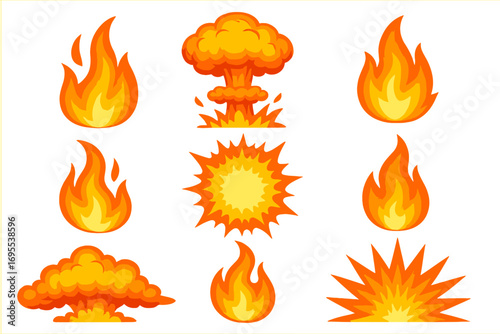 Vibrant vector set of cartoon flames and explosions, bright fire icons, stylized bursts, fiery mushroom clouds, dynamic comic fire effects, clear transparent background design