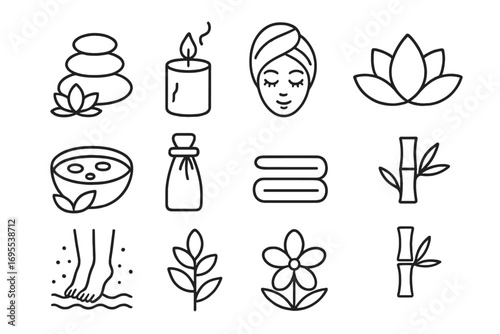 Minimalist spa and wellness icons set with relaxation and self-care symbols, line art vector illustration, calming lotus flower, massage stones, candle, towel, bamboo and floral elements