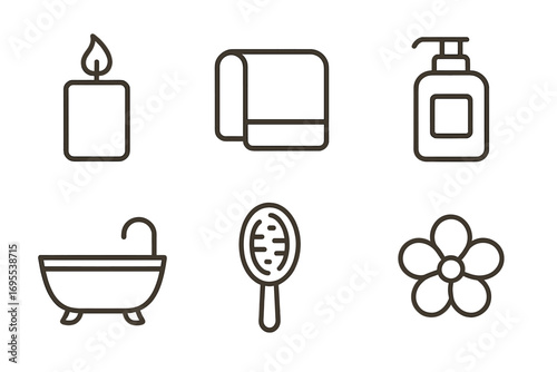 Minimalist spa icons set with candle, towel, lotion bottle, bathtub, brush, flower in outline style, vector cartoon illustration, transparent background, ordered collection, wellness symbols