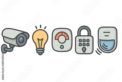 Smart home technology icons set including security camera, light bulb, thermostat, keypad lock, and motion sensor, cartoon vector illustration, modern connected devices, home automation concept