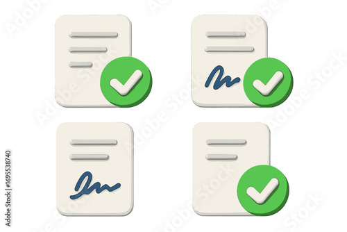 3D document icon set. Signed contract, verified agreement, approved form concept. Business vector illustration for confirmation, success, completion, electronic signature.