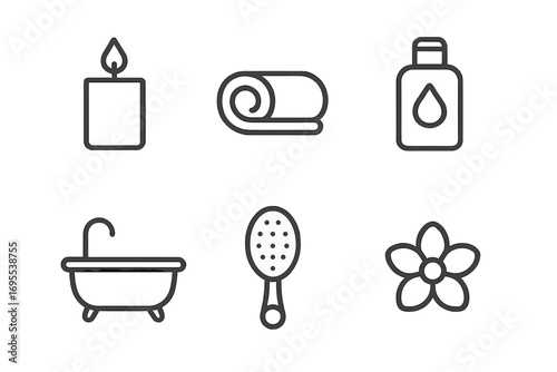 Minimalist spa icons set including candle, rolled towel, lotion bottle, bathtub, shower brush, and flower outline design in simple vector style for wellness and relaxation