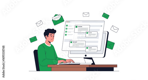 Man Engaged in Digital Correspondence Through Email Interface on Personal Computer