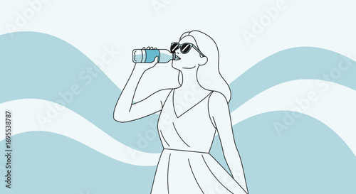 Refreshment Time: Enjoying Water On Sunny Day, With Sunglasses and Stylish Dress