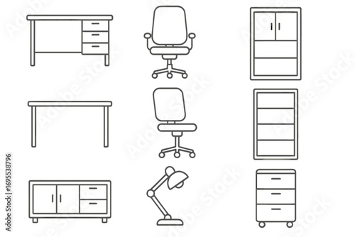 Office furniture line icon set. Vector outline symbols of workspace items like desk, chair, cabinet, and lamp. Editable stroke illustration for interior and business concepts.