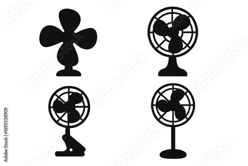 Set of fan silhouettes. Electric ventilator icon collection. Minimalist vector graphic of various fans like desk, floor, and clip-on models for cooling and air circulation concepts.