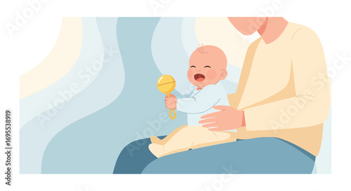 A parent holding a baby with a rattle joyful and happy moment of parenthood or childcare