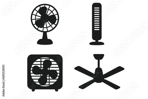 Set of black fan silhouettes. Minimalist vector icon collection. Electric cooling and ventilation equipment illustration. Air blower, propeller, table, ceiling and box fan.