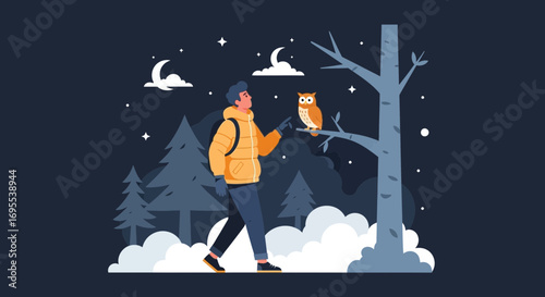 A Nighttime Encounter: Owl, Man and Woods Under A Starry Moonlit Sky Illustration